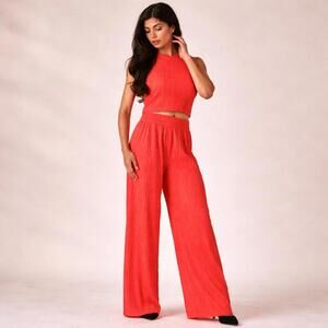 Love Poem Plisse Lounge Set M Coral Red Wide Leg 2pc Spring NWT Chic